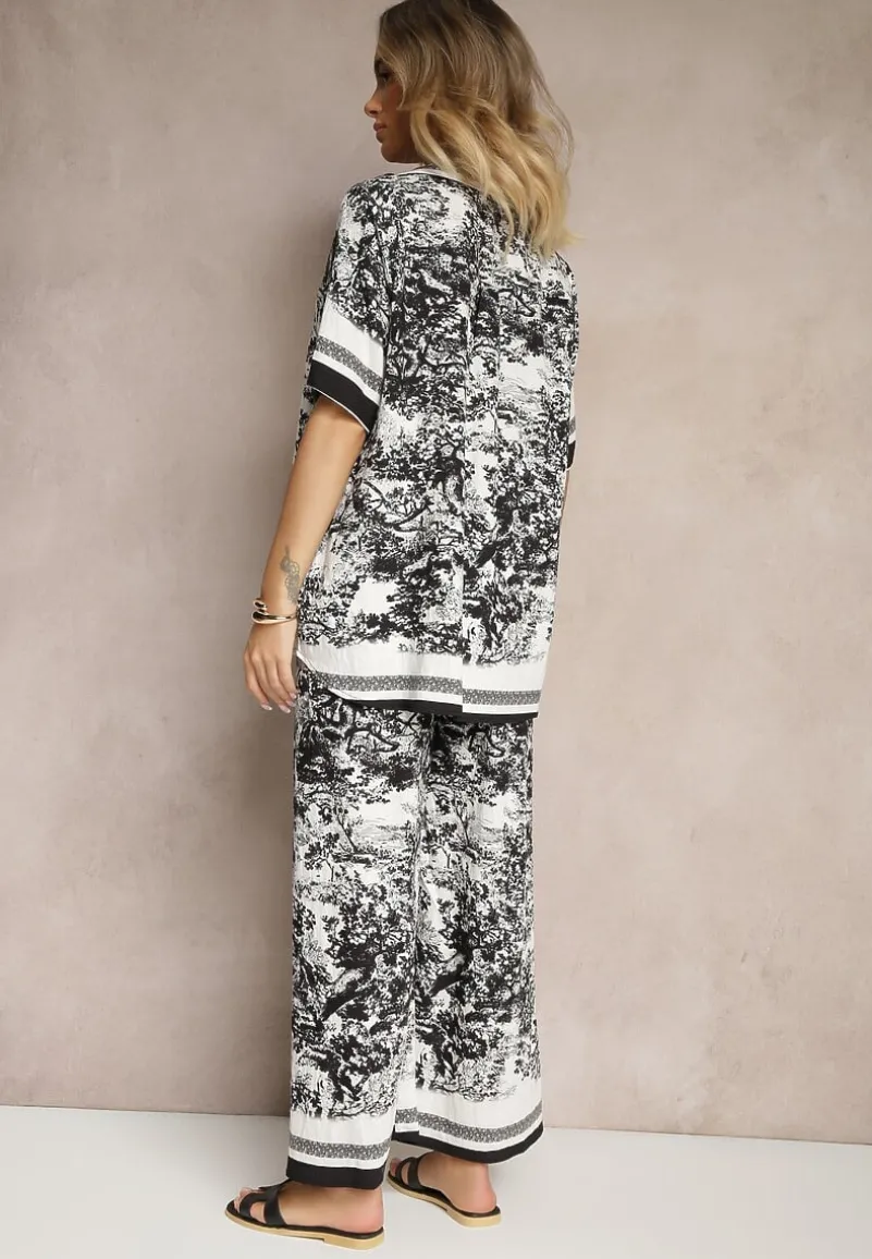 Czarny Komplet z Wiskozy Koszula i Spodnie z Motywem Roślinnym Ridiene