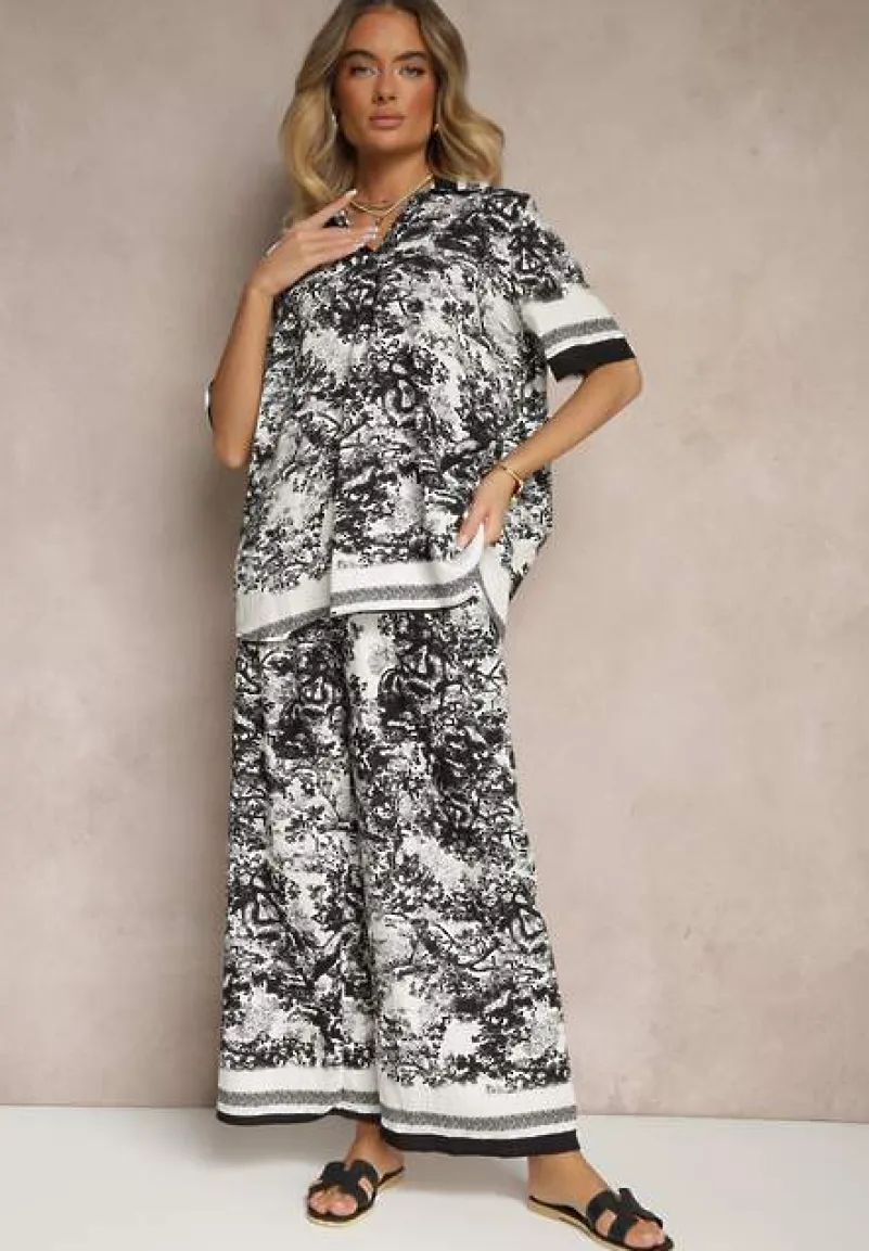 Czarny Komplet z Wiskozy Koszula i Spodnie z Motywem Roślinnym Ridiene