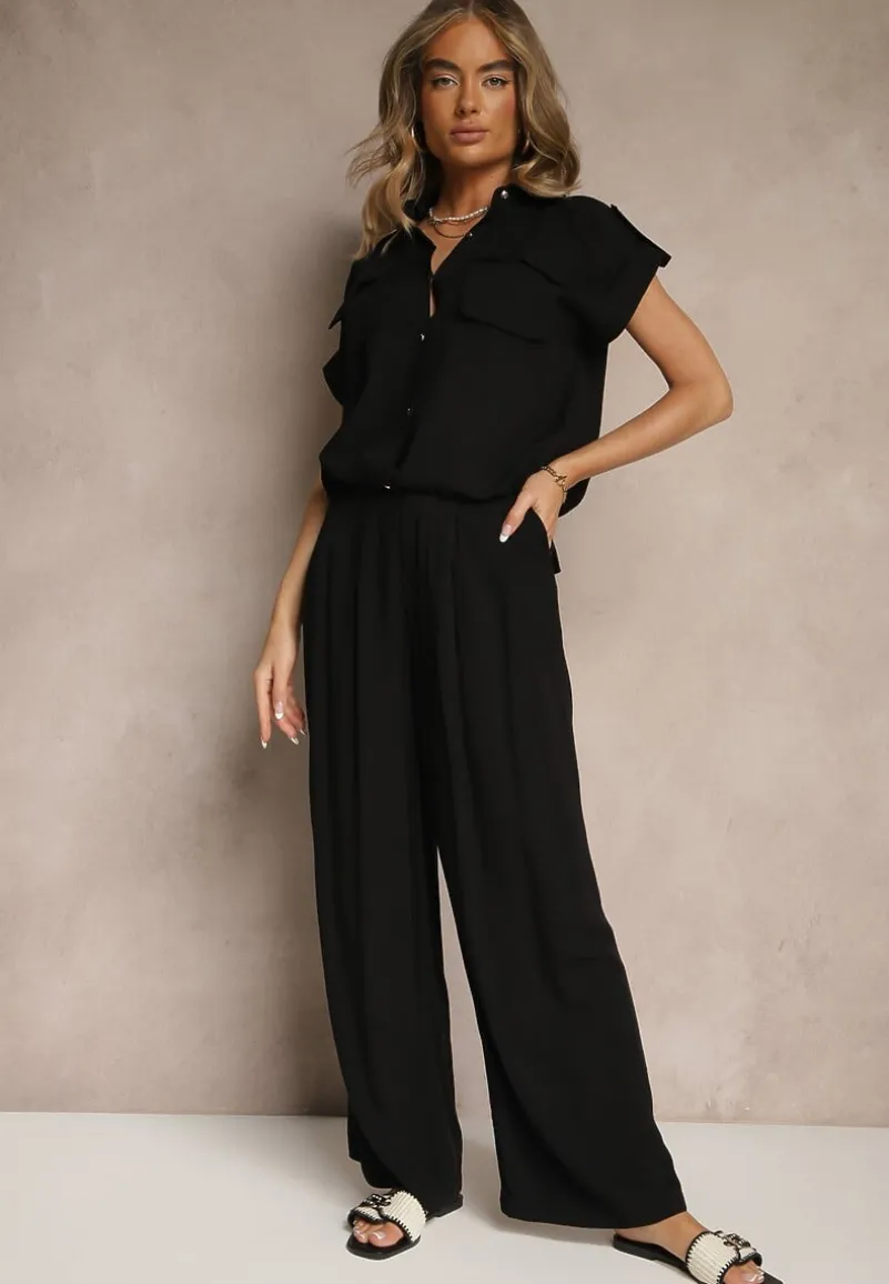 Czarny Komplet z Wiskozy Spodnie i Koszula Ozdobiona Kieszeniami Rinalienna