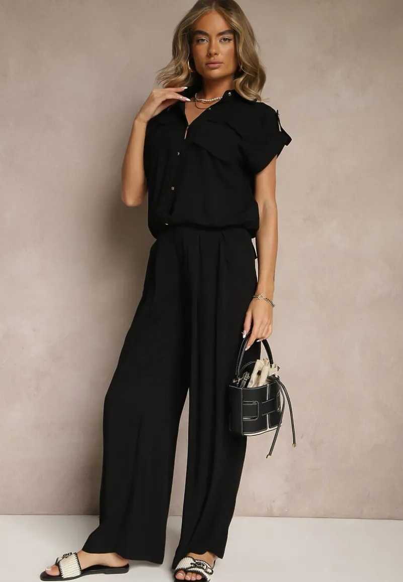 Czarny Komplet z Wiskozy Spodnie i Koszula Ozdobiona Kieszeniami Rinalienna