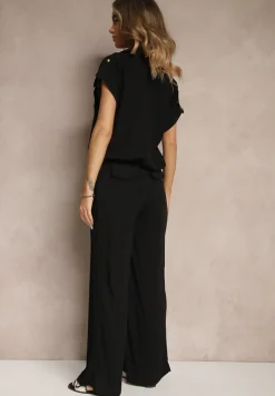 Czarny Komplet z Wiskozy Spodnie i Koszula Ozdobiona Kieszeniami Rinalienna