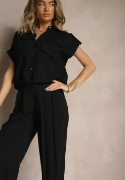 Czarny Komplet z Wiskozy Spodnie i Koszula Ozdobiona Kieszeniami Rinalienna