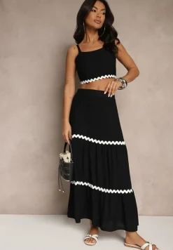 Czarny Komplet z Wiskozy Top na Ramiączkach i Spódnica Rozkloszowana z Gumką w Pasie Efrisia