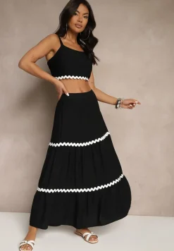 Czarny Komplet z Wiskozy Top na Ramiączkach i Spódnica Rozkloszowana z Gumką w Pasie Efrisia