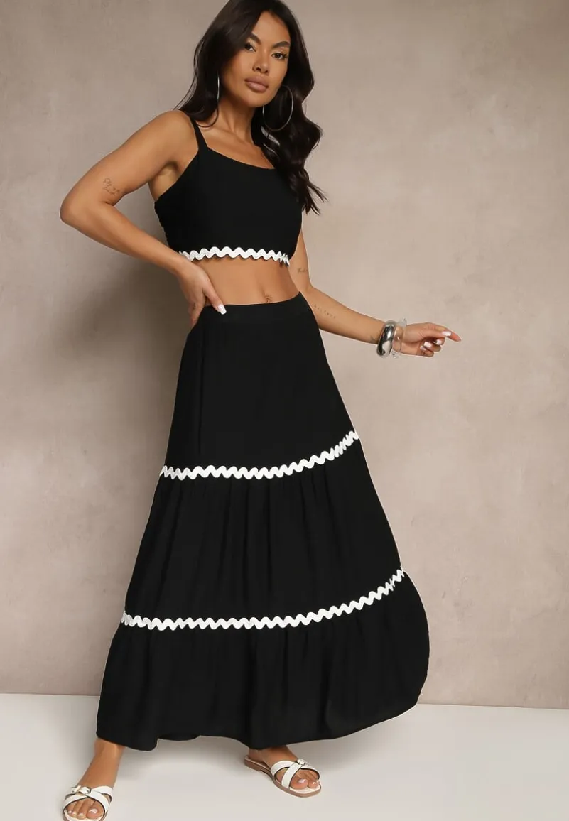 Czarny Komplet z Wiskozy Top na Ramiączkach i Spódnica Rozkloszowana z Gumką w Pasie Efrisia