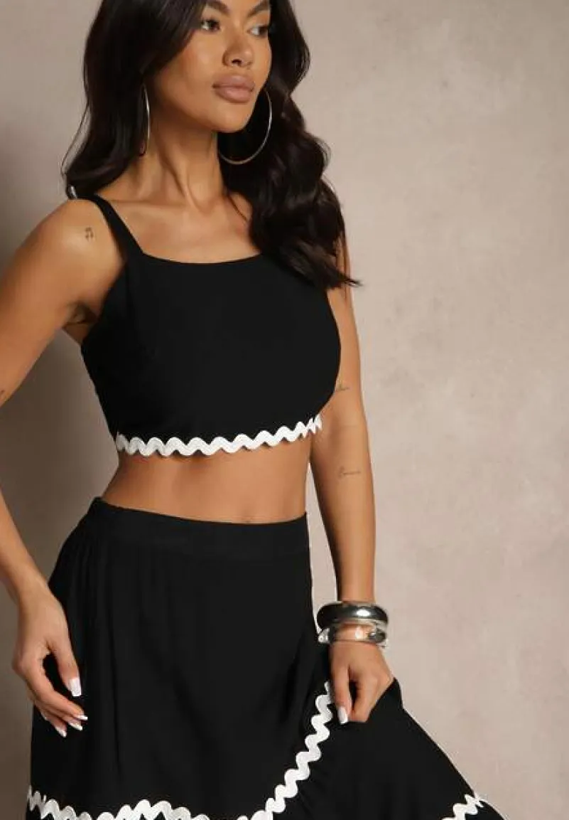 Czarny Komplet z Wiskozy Top na Ramiączkach i Spódnica Rozkloszowana z Gumką w Pasie Efrisia