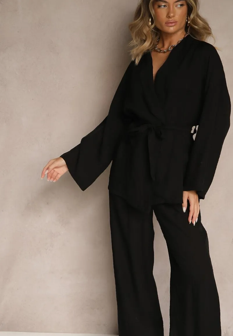 Czarny Komplet z Wiskozy Spodnie o Szerokim Kroju i Bluzka z Wiązaniem Livelia