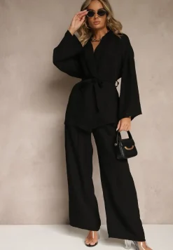 Czarny Komplet z Wiskozy Spodnie o Szerokim Kroju i Bluzka z Wiązaniem Livelia