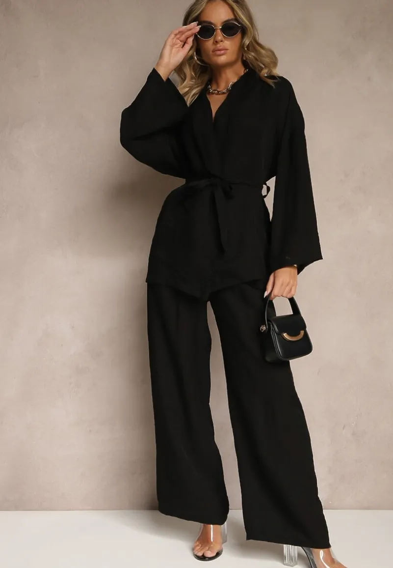 Czarny Komplet z Wiskozy Spodnie o Szerokim Kroju i Bluzka z Wiązaniem Livelia