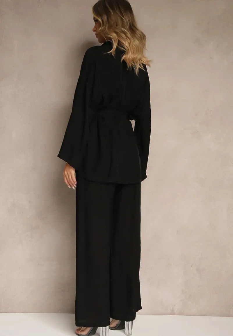 Czarny Komplet z Wiskozy Spodnie o Szerokim Kroju i Bluzka z Wiązaniem Livelia