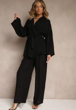 Czarny Komplet z Wiskozy Spodnie o Szerokim Kroju i Bluzka z Wiązaniem Livelia
