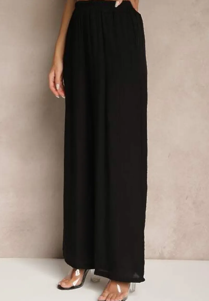 Czarny Komplet z Wiskozy Spodnie o Szerokim Kroju i Bluzka z Wiązaniem Livelia