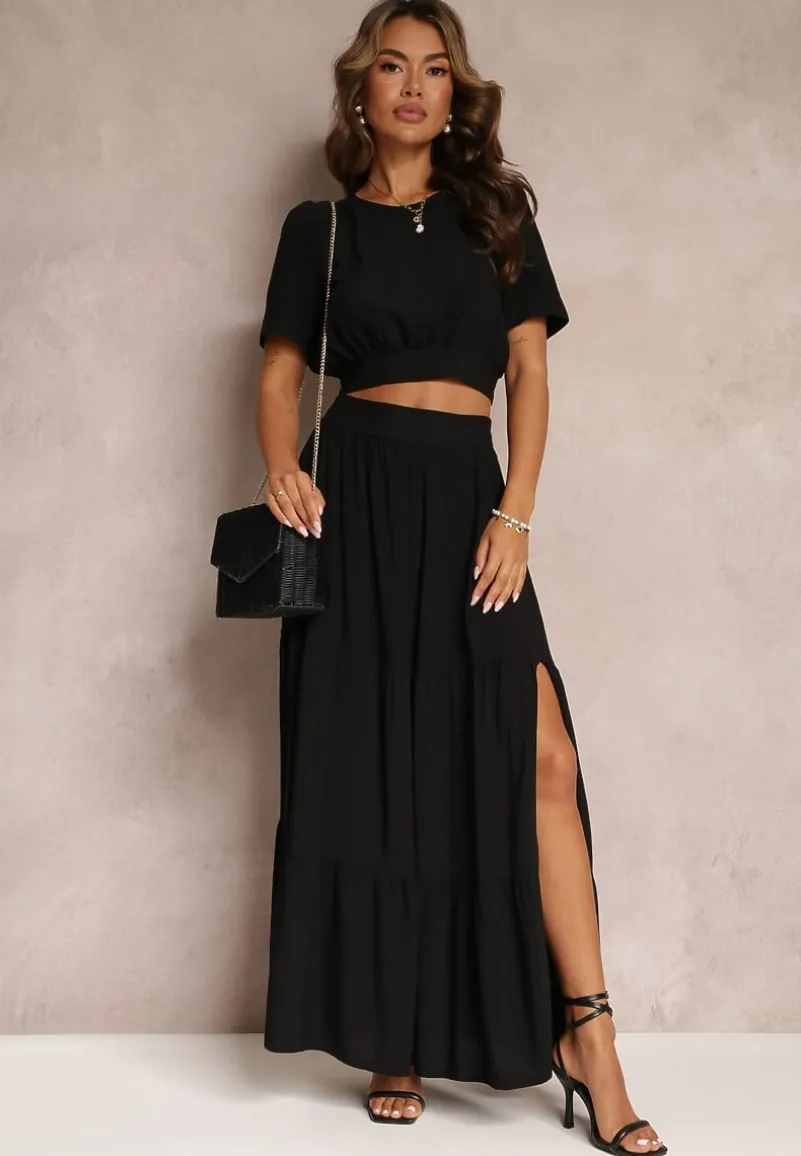 Czarny Komplet z Wiskozy 2-Częściowy Top i Spódnica z Falbankami Jakki