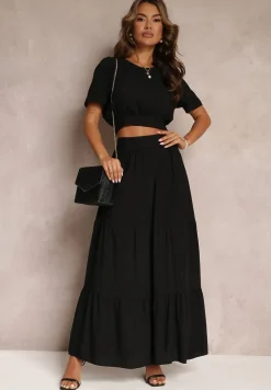 Czarny Komplet z Wiskozy 2-Częściowy Top i Spódnica z Falbankami Jakki