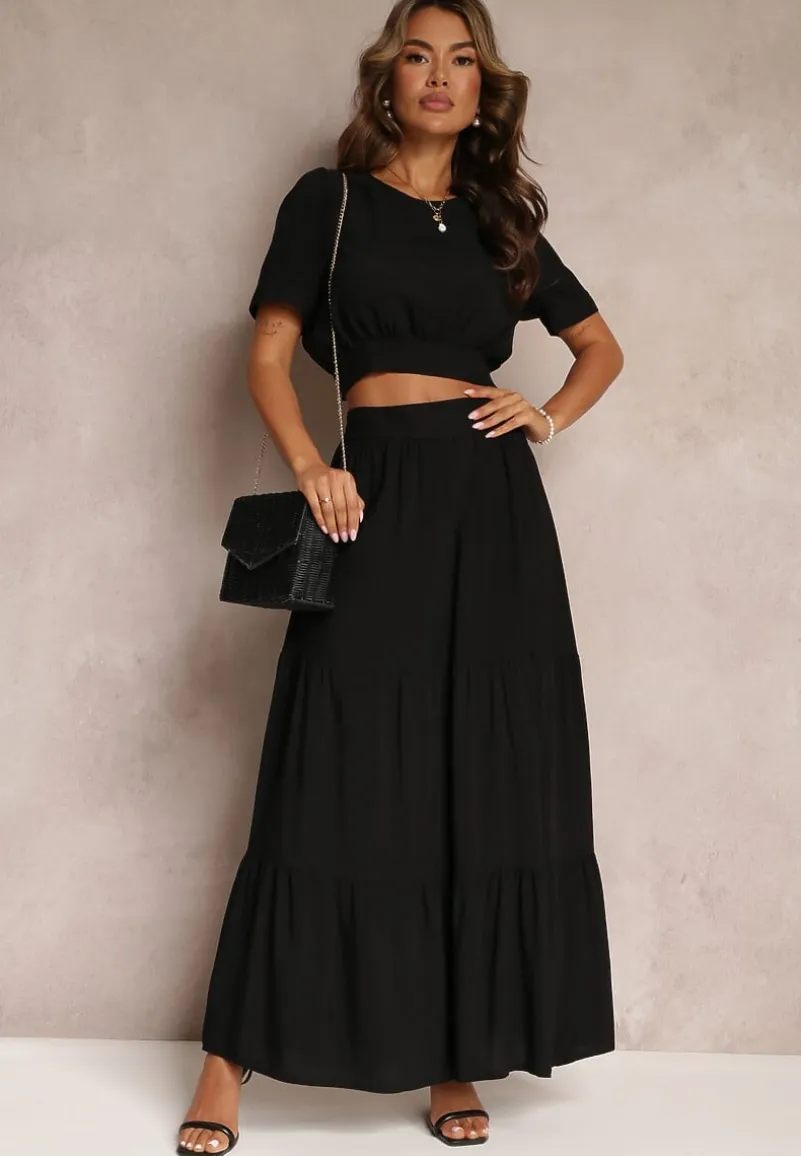 Czarny Komplet z Wiskozy 2-Częściowy Top i Spódnica z Falbankami Jakki