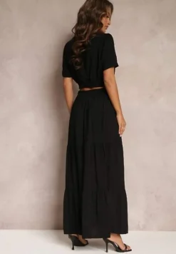 Czarny Komplet z Wiskozy 2-Częściowy Top i Spódnica z Falbankami Jakki