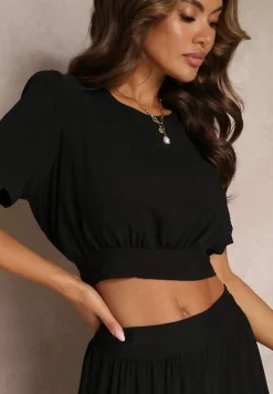 Czarny Komplet z Wiskozy 2-Częściowy Top i Spódnica z Falbankami Jakki