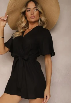 Czarny Kopertowy Kombinezon z Bawełny Wiązany w Talii Materiałowym Paskiem Vikly