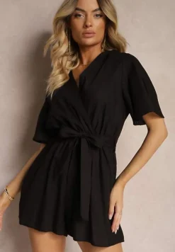 Czarny Kopertowy Kombinezon z Bawełny Wiązany w Talii Materiałowym Paskiem Vikly