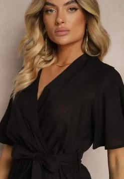 Czarny Kopertowy Kombinezon z Bawełny Wiązany w Talii Materiałowym Paskiem Vikly