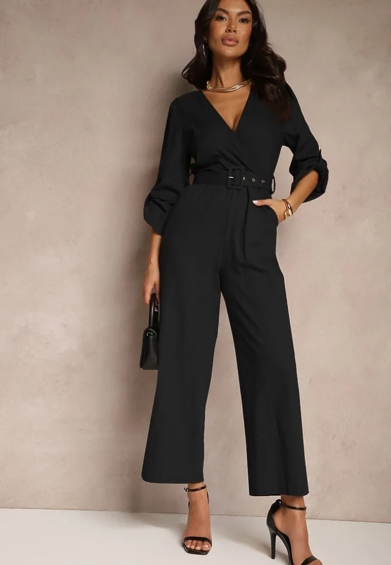 Czarny Kopertowy Kombinezon z Bawełny z Dodatkowym Paskiem i Gumką w Talii Rinnarela