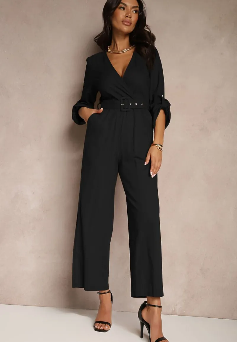Czarny Kopertowy Kombinezon z Bawełny z Dodatkowym Paskiem i Gumką w Talii Rinnarela