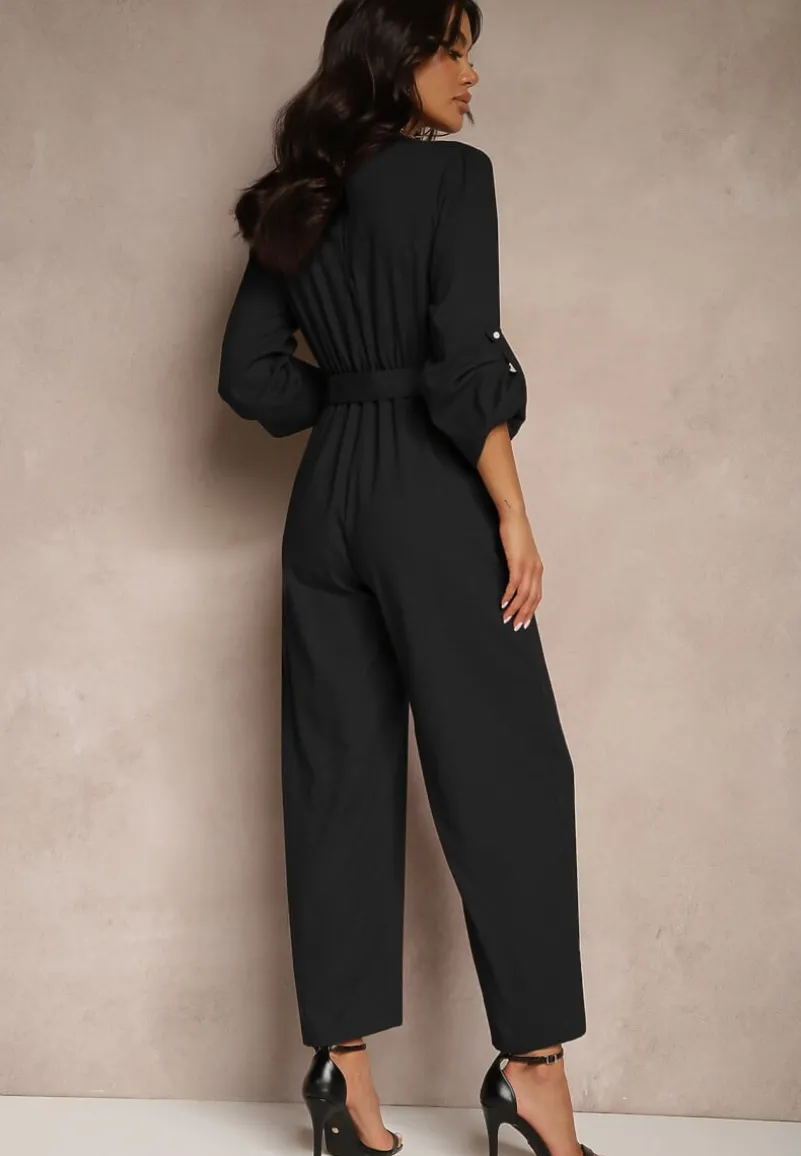 Czarny Kopertowy Kombinezon z Bawełny z Dodatkowym Paskiem i Gumką w Talii Rinnarela