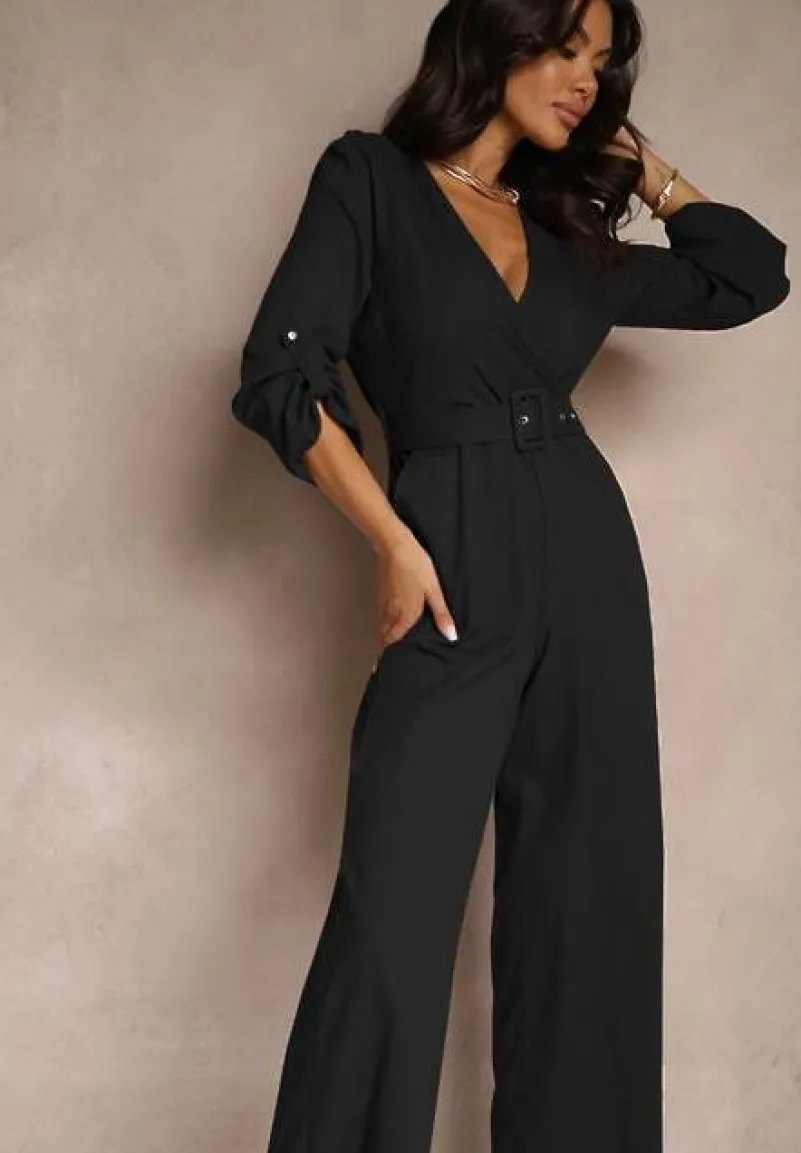 Czarny Kopertowy Kombinezon z Bawełny z Dodatkowym Paskiem i Gumką w Talii Rinnarela