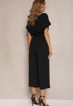 Czarny Kopertowy Kombinezon o Prostym Kroju z Wiązanym Paskiem Tevenea