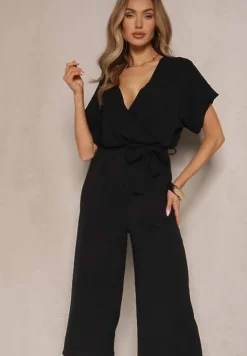 Czarny Kopertowy Kombinezon o Prostym Kroju z Wiązanym Paskiem Tevenea