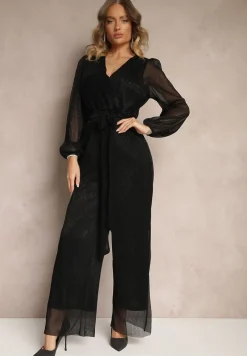 Czarny Kopertowy Kombinezon Ozdobiony Paskiem i Metaliczną Nicią Itarvia