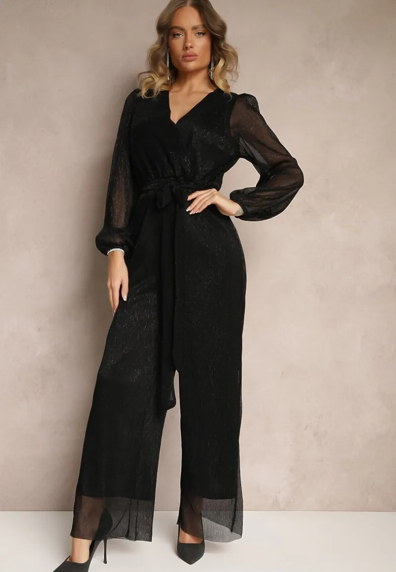 Czarny Kopertowy Kombinezon Ozdobiony Paskiem i Metaliczną Nicią Itarvia