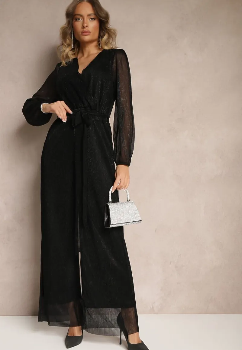 Czarny Kopertowy Kombinezon Ozdobiony Paskiem i Metaliczną Nicią Itarvia