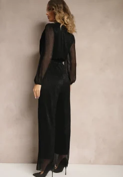 Czarny Kopertowy Kombinezon Ozdobiony Paskiem i Metaliczną Nicią Itarvia