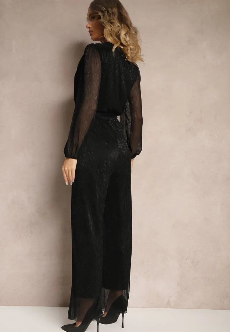 Czarny Kopertowy Kombinezon Ozdobiony Paskiem i Metaliczną Nicią Itarvia