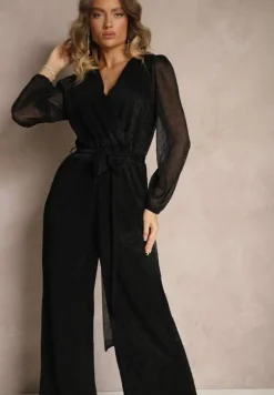 Czarny Kopertowy Kombinezon Ozdobiony Paskiem i Metaliczną Nicią Itarvia