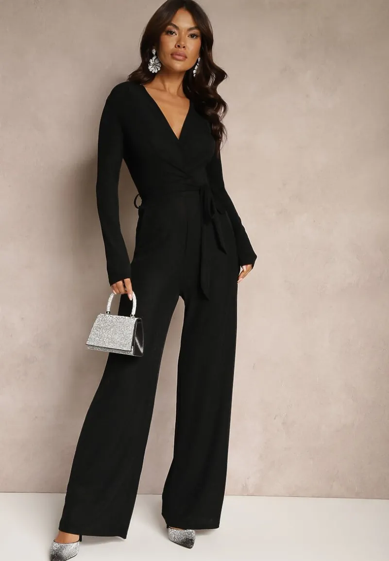 Czarny Kopertowy Kombinezon z Wiskozą Ozdobiony Materiałowym Paskiem Mialira
