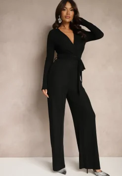Czarny Kopertowy Kombinezon z Wiskozą Ozdobiony Materiałowym Paskiem Mialira
