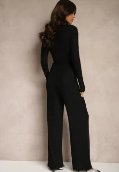 Czarny Kopertowy Kombinezon z Wiskozą Ozdobiony Materiałowym Paskiem Mialira