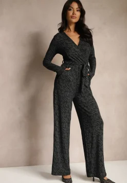 Czarny Kopertowy Kombinezon z Wiskozą z Paskiem Przeszyty Metaliczną Nicią Heladi