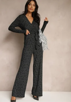 Czarny Kopertowy Kombinezon z Wiskozą z Paskiem Przeszyty Metaliczną Nicią Heladi