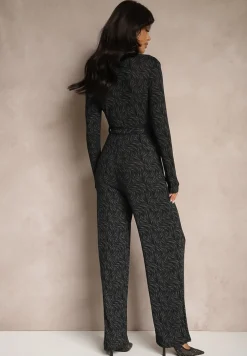 Czarny Kopertowy Kombinezon z Wiskozą z Paskiem Przeszyty Metaliczną Nicią Heladi