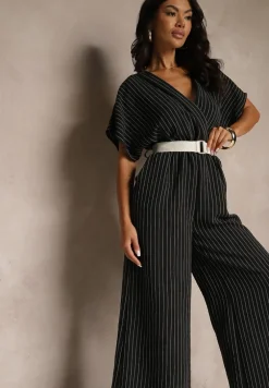 Czarny Kopertowy Kombinezon z Nietoperzowymi Rękawami i Paskiem Tollamira