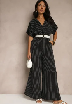 Czarny Kopertowy Kombinezon z Nietoperzowymi Rękawami i Paskiem Tollamira