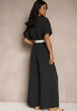 Czarny Kopertowy Kombinezon z Nietoperzowymi Rękawami i Paskiem Tollamira