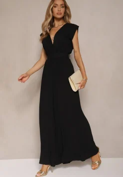 Czarny Kopertowy Kombinezon Wide Leg Zdobiony Plisami i Paskiem z Klamrą Salirella