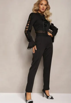 Czarny Koronkowy Komplet 2-Częściowy ze Spodniami z Luźną Nogawką i Bluzką z Wycięciami Gerja