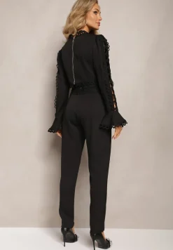 Czarny Koronkowy Komplet 2-Częściowy ze Spodniami z Luźną Nogawką i Bluzką z Wycięciami Gerja
