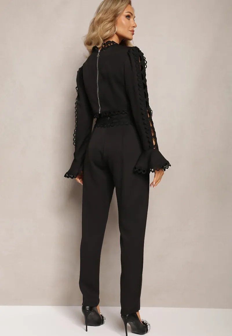 Czarny Koronkowy Komplet 2-Częściowy ze Spodniami z Luźną Nogawką i Bluzką z Wycięciami Gerja