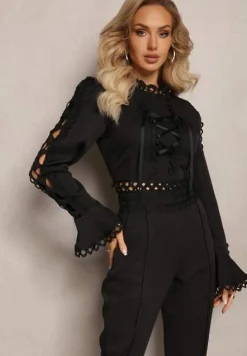 Czarny Koronkowy Komplet 2-Częściowy ze Spodniami z Luźną Nogawką i Bluzką z Wycięciami Gerja